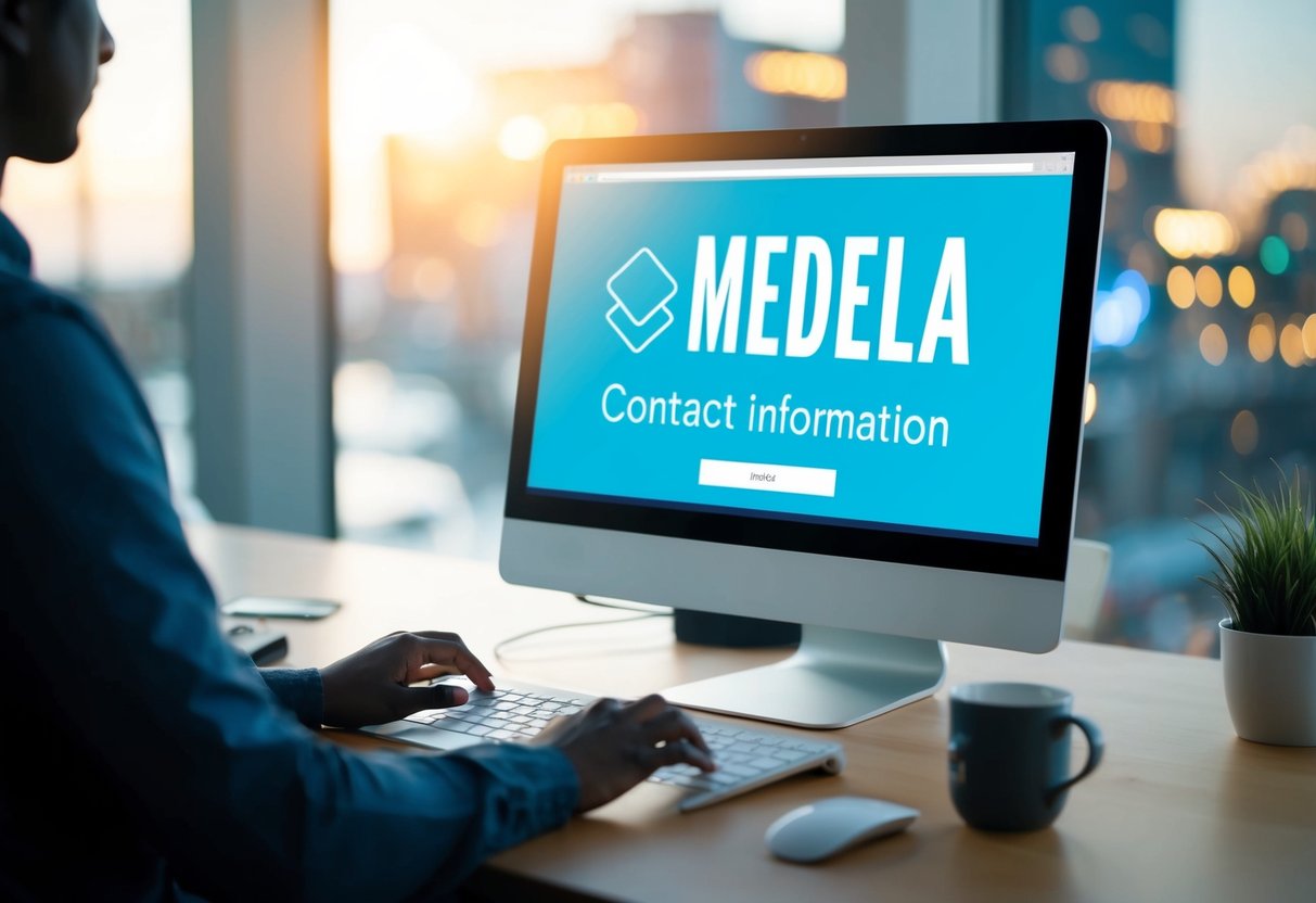 A person using a computer to search for Medela's contact information on their digital platforms