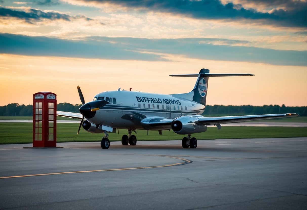 A vintage airplane with the Buffalo Airways logo parked on a runway, with a phone booth nearby