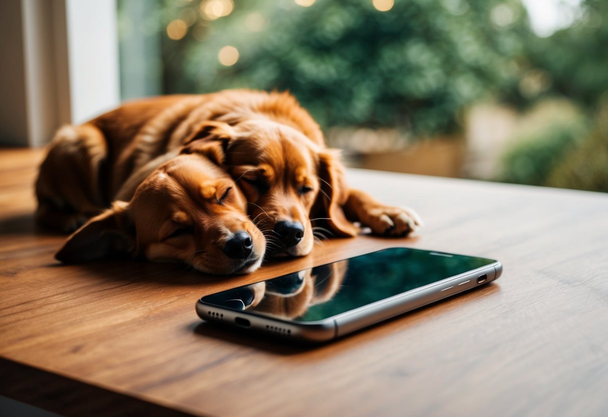 Sleeping Dogs Contact Phone Number A phone lying on a wooden desk, with a sleeping dog curled up next to it