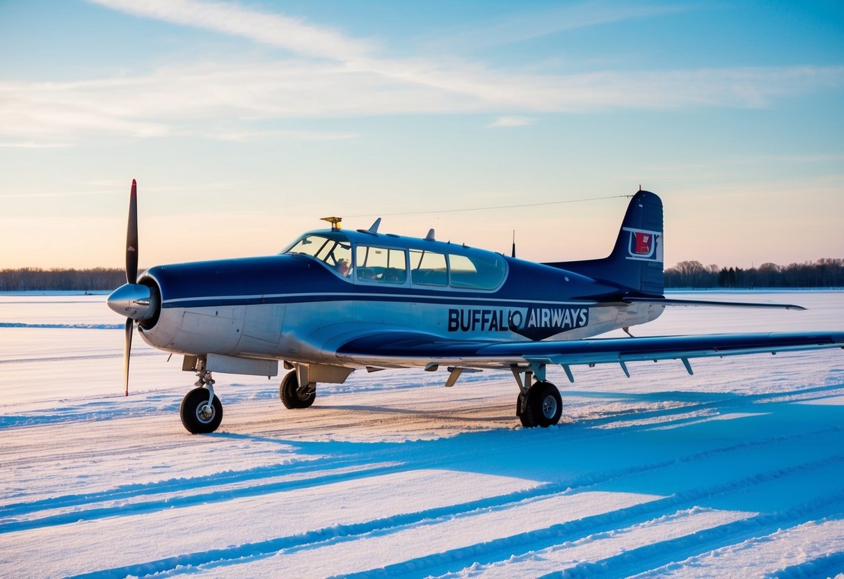 A vintage airplane parked on a snow-covered runway, with the Buffalo Airways logo prominently displayed on the side of the aircraft