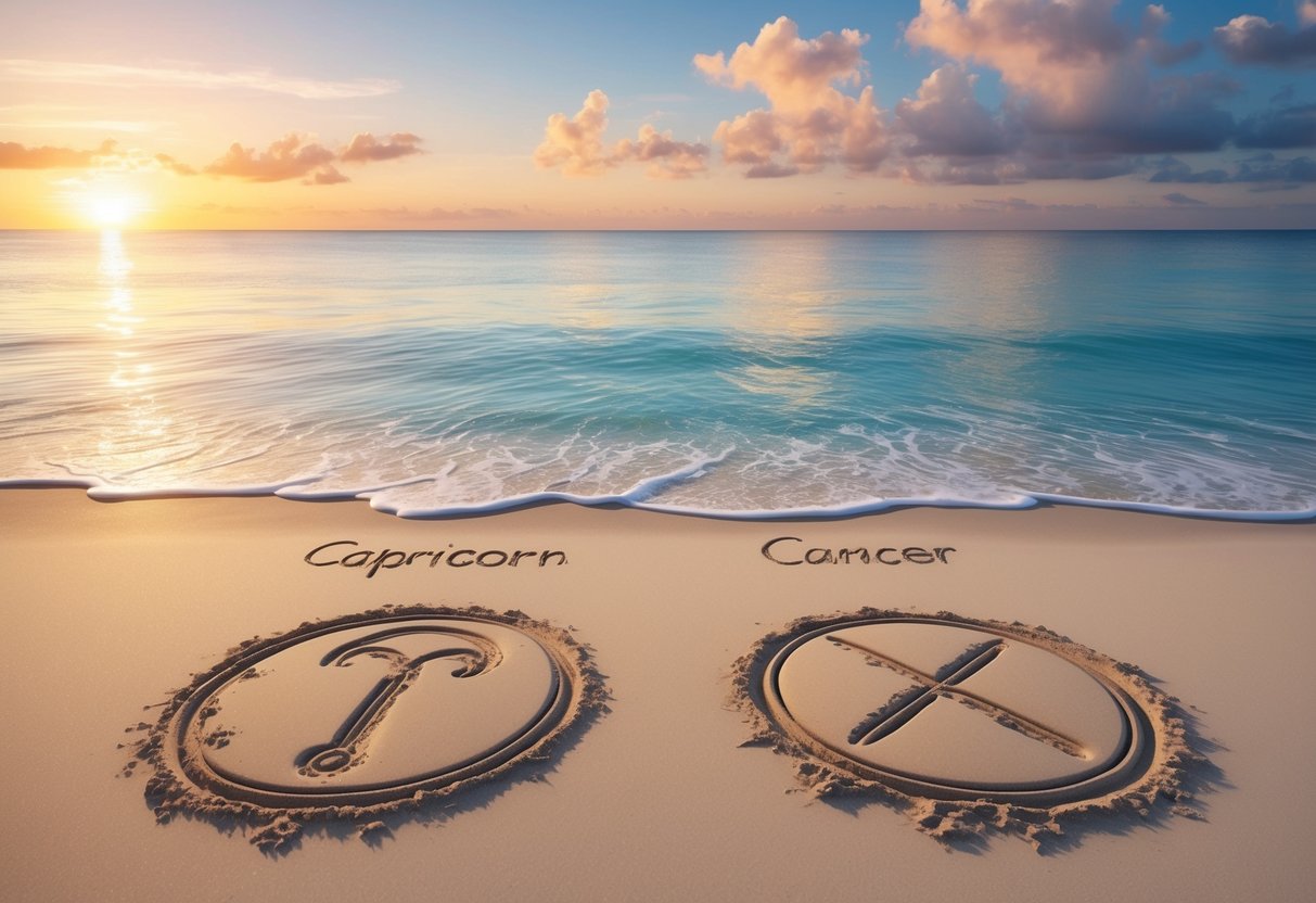 A serene beach at sunset, with a gentle sea breeze and two star signs, Capricorn and Cancer, represented by their respective symbols etched in the sand