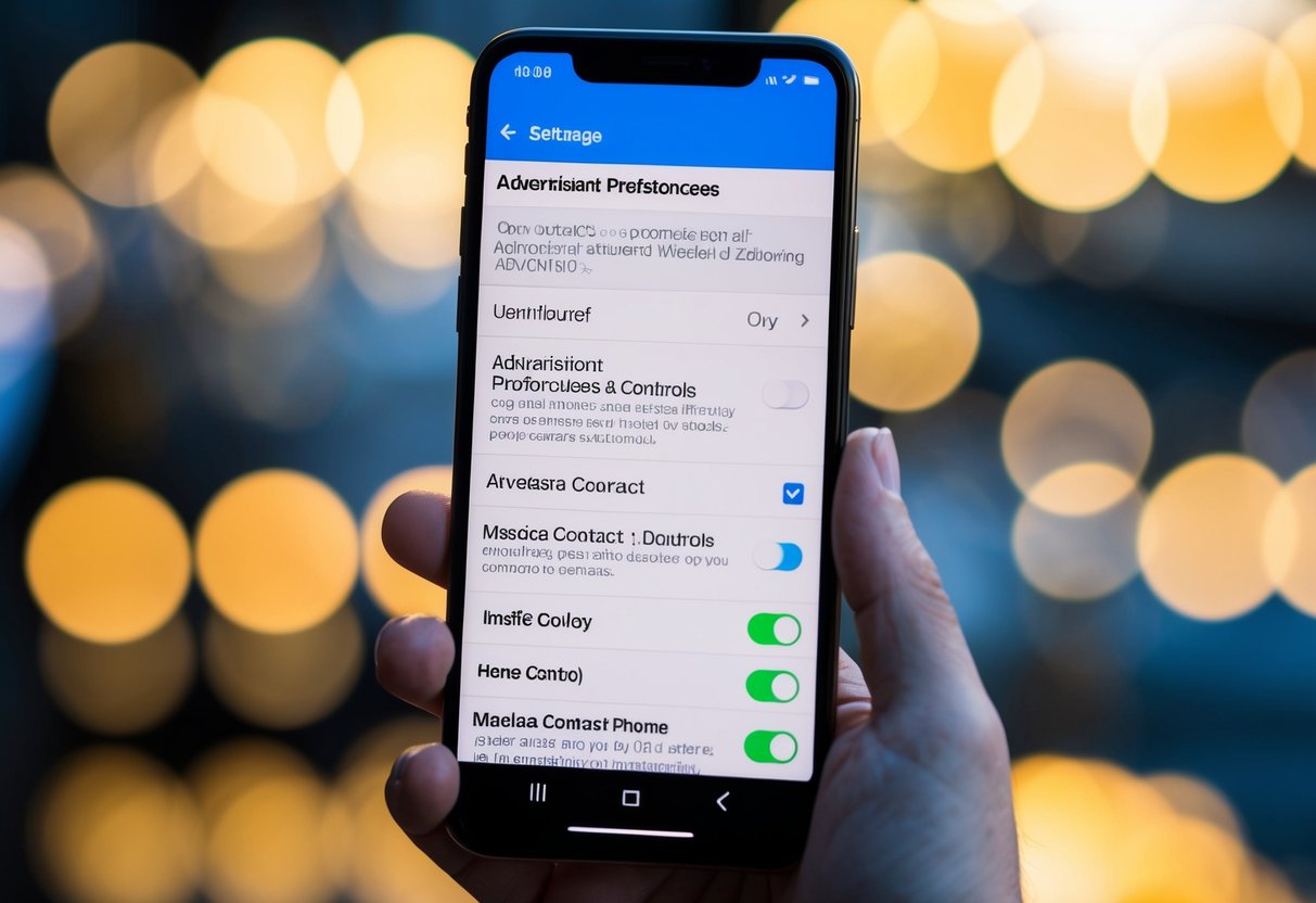 A smartphone with a settings menu open, displaying options for advertisement preferences and controls, with the Medela contact phone number visible