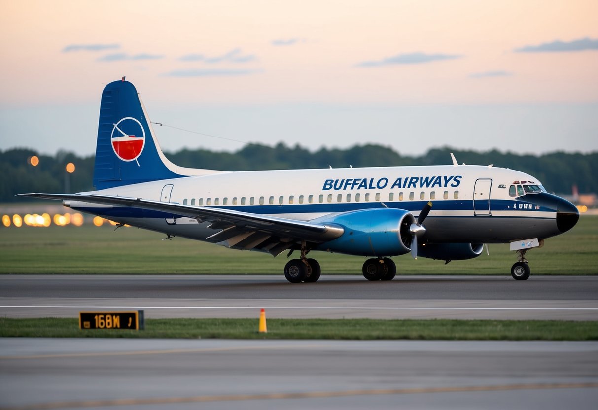 A vintage airplane on a runway with a prominent "Buffalo Airways" logo