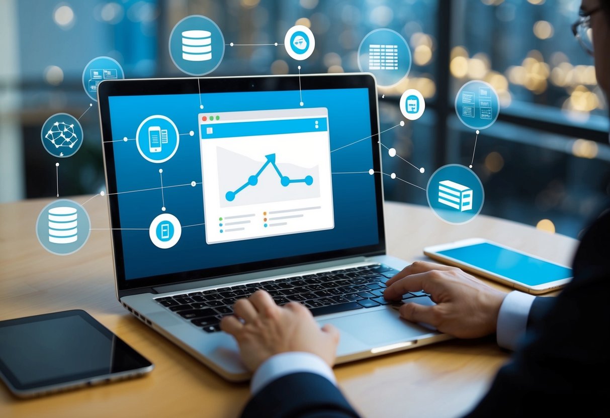 A laptop displaying a webpage with a progress bar and a phone icon, surrounded by various network and server icons
