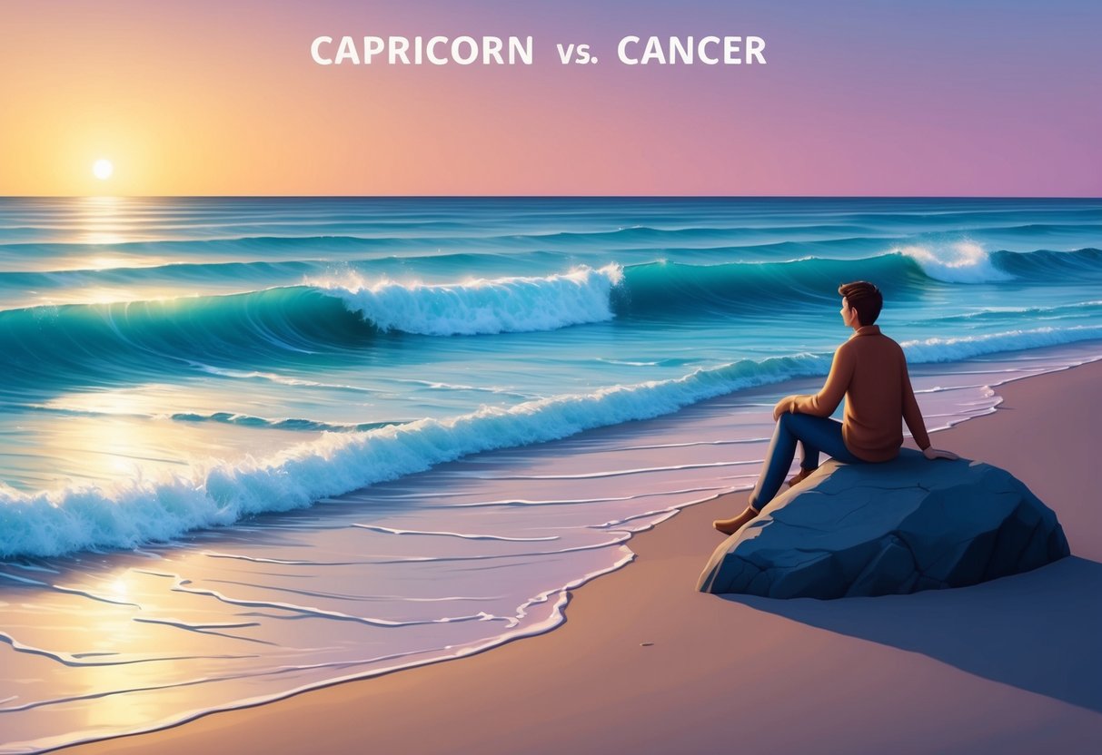 A serene beach at sunset, with a lone figure sitting on a rock, as the waves gently crash against the shore, symbolizing the harmony between Capricorn and Cancer