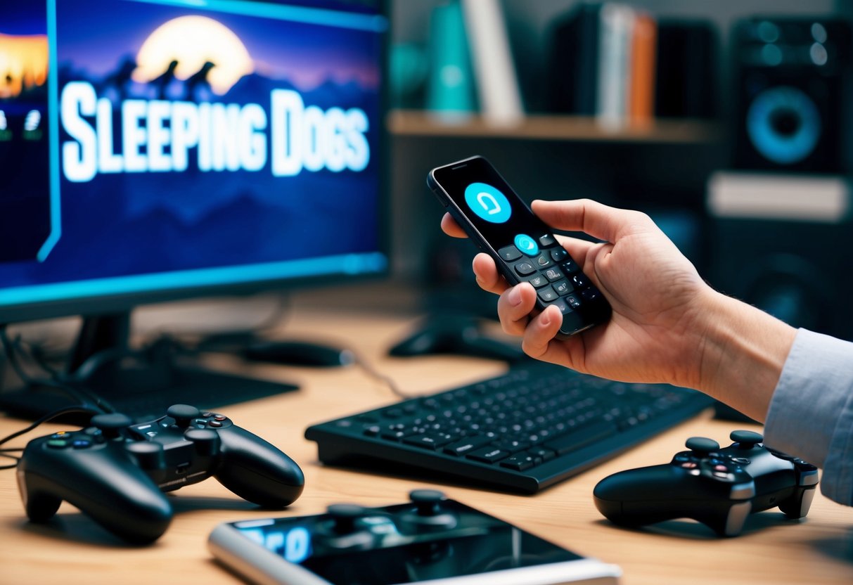 Sleeping Dogs Contact Phone Number A hand reaching for a ringing phone on a cluttered desk, surrounded by video game controllers and a screen displaying the game "Sleeping Dogs."