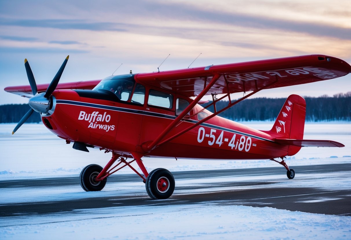 A vintage red airplane parked on a snowy tarmac with the Buffalo Airways logo and a phone number displayed prominently on the side