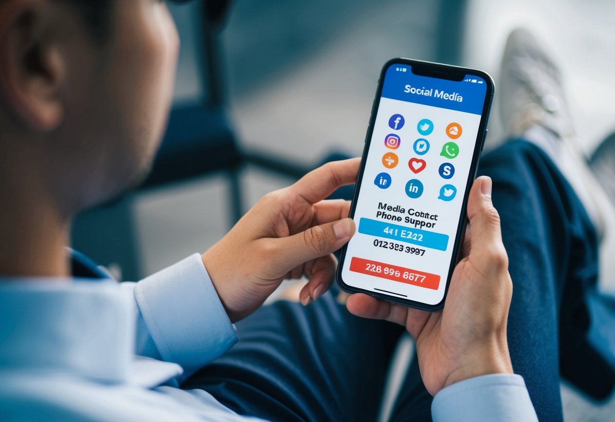 A person using a smartphone to access social media for customer support, with the Medela contact phone number visible on the screen