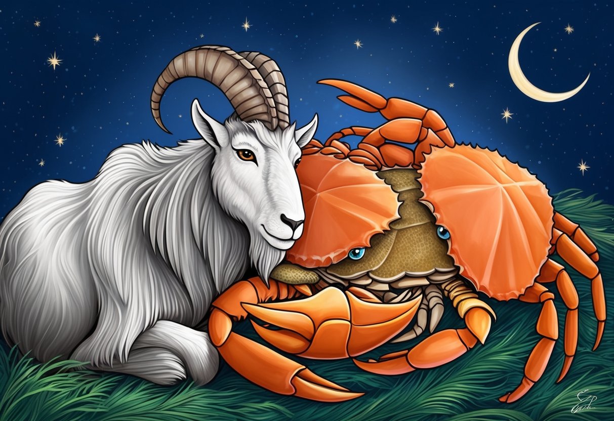 A stoic mountain goat and a nurturing crab nestled together under a starry sky, symbolizing the practical aspects of Capricorn and Cancer compatibility