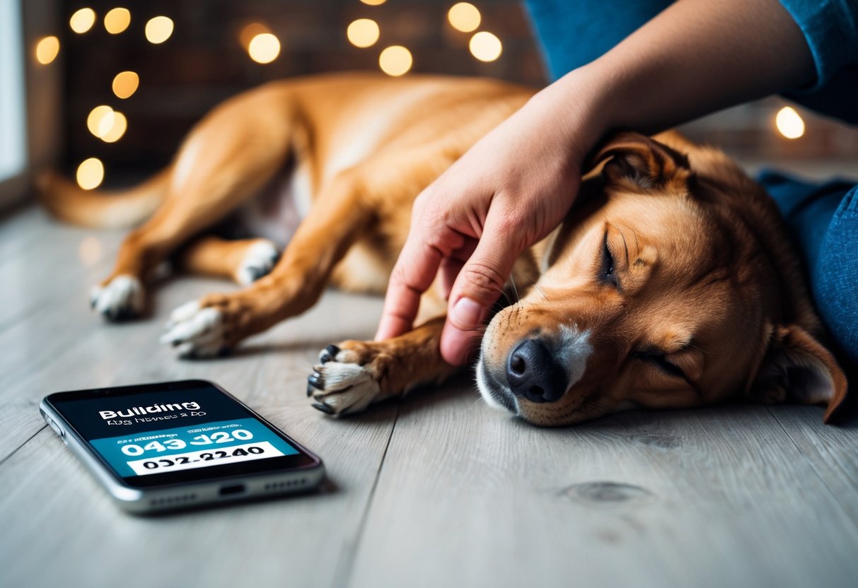 Sleeping Dogs Contact Phone Number A person's hand reaching out to pet a sleeping dog, with a phone nearby showing the contact number for a building relationships service