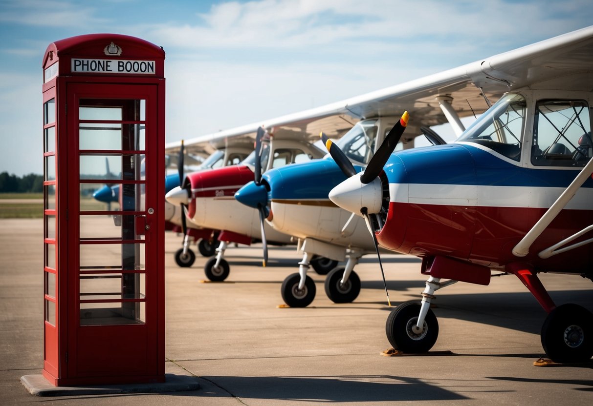 A lineup of vintage aircraft at Buffalo Airways, with a phone booth nearby