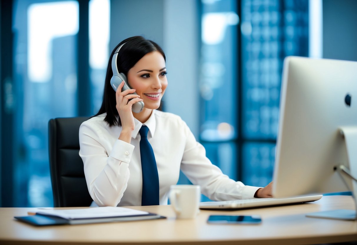 A customer service representative answering a phone call at a desk with a computer and Medela logo displayed