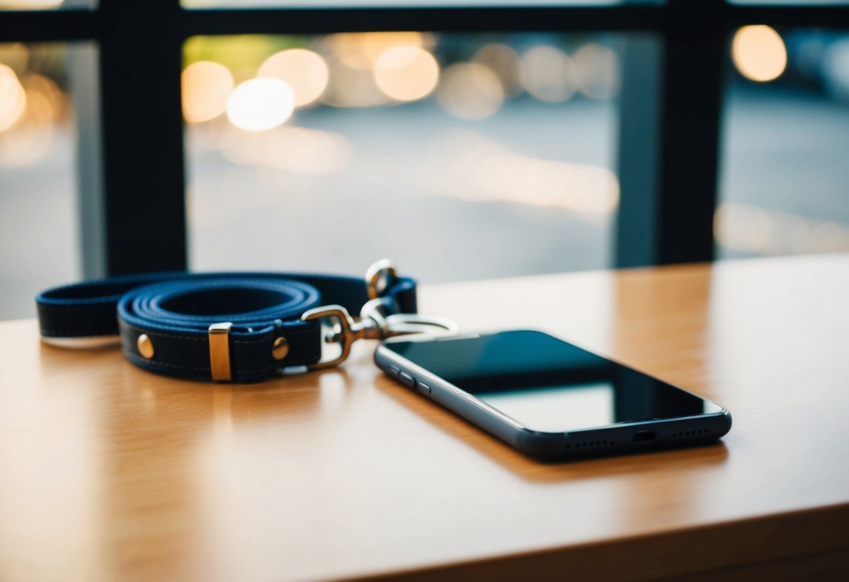 Sleeping Dogs Contact Phone Number A phone resting on a table, with a leash and dog collar nearby