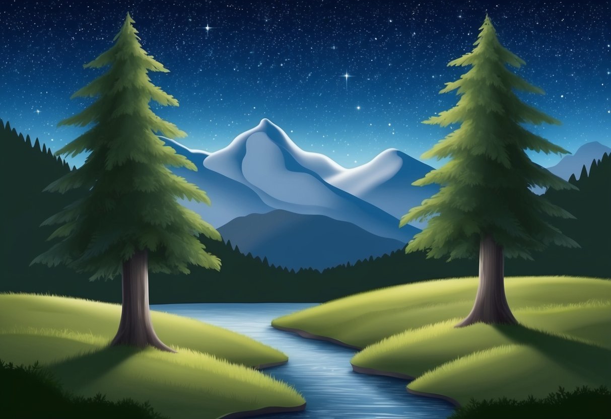 A serene mountain landscape with a gentle stream flowing between two stoic, yet supportive, trees under a starry night sky