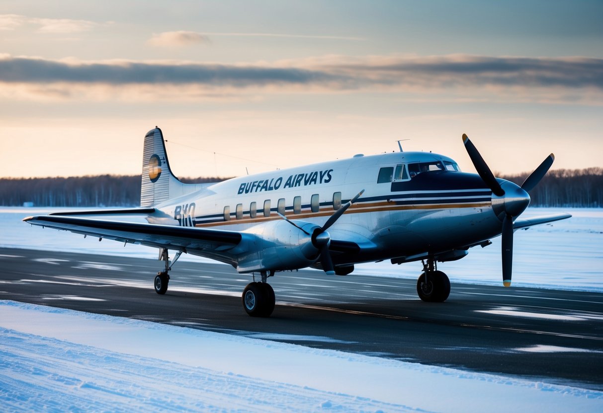 A vintage airplane parked on a snowy runway, with the Buffalo Airways logo displayed prominently on the side