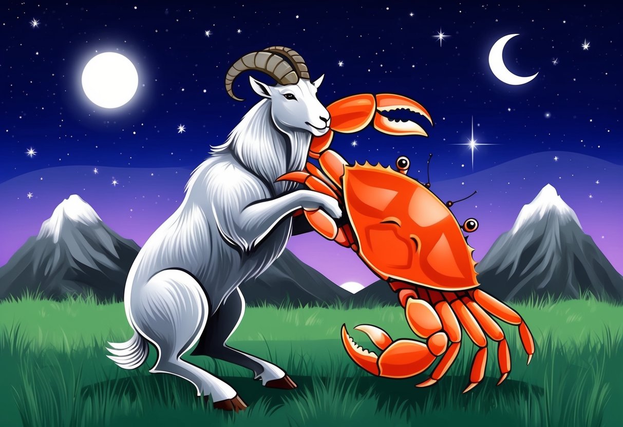 A stoic mountain goat and sensitive crab embrace under a starry night sky, symbolizing the compatibility of Capricorn and Cancer