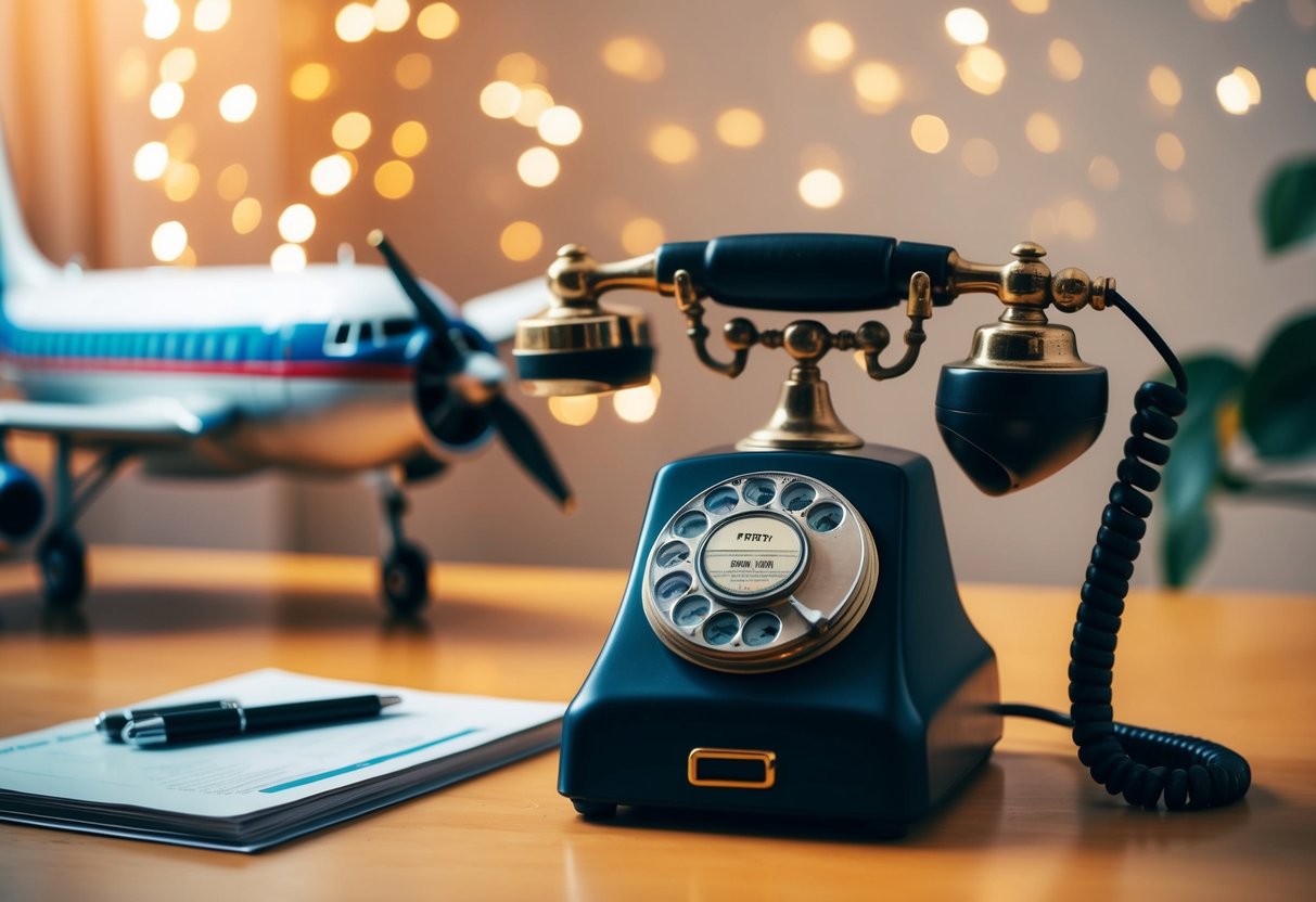 A vintage rotary phone on a cluttered desk next to a model airplane