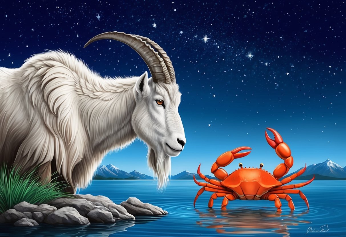 A stoic mountain goat meets a gentle crab by the water, finding harmony in their differences under the starry night sky