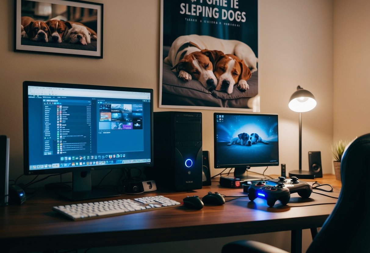 Sleeping Dogs Contact Phone Number A cluttered desk with a phone, computer, and game controller. A poster of Sleeping Dogs hangs on the wall