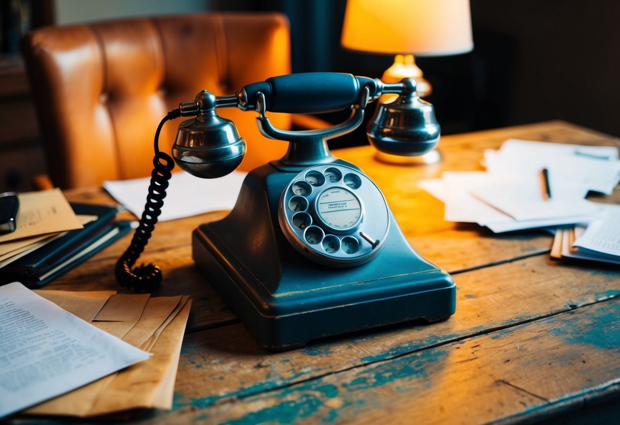 A vintage rotary phone sits on a weathered wooden desk, surrounded by scattered paper and a worn leather chair. The warm glow of a desk lamp illuminates the cluttered workspace