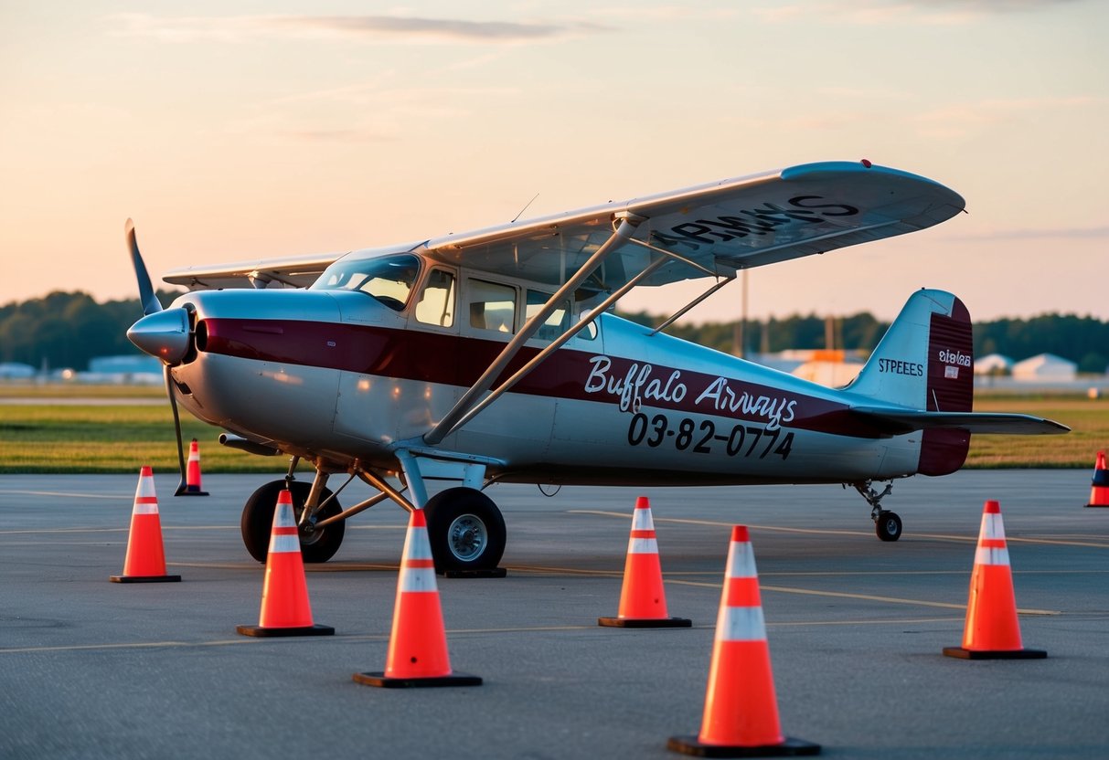 A vintage airplane parked on a tarmac, surrounded by safety cones and regulatory signs. The Buffalo Airways contact phone number prominently displayed on the side of the aircraft