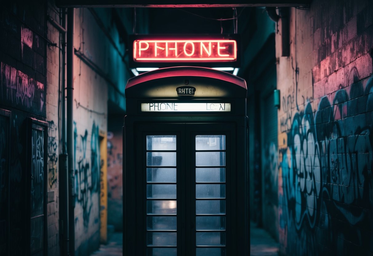 Sleeping Dogs Contact Phone Number A phone booth in a dimly lit alley, with a flickering neon sign above, casting an eerie glow on the worn, graffiti-covered walls