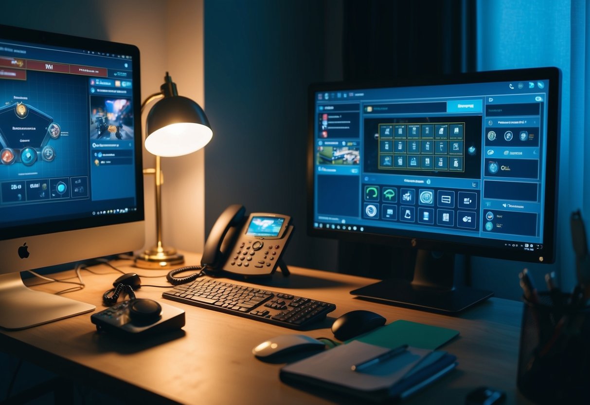 Sleeping Dogs Contact Phone Number A dimly lit room with a cluttered desk, a ringing phone, and a computer screen displaying a game interface with strategic gameplay elements