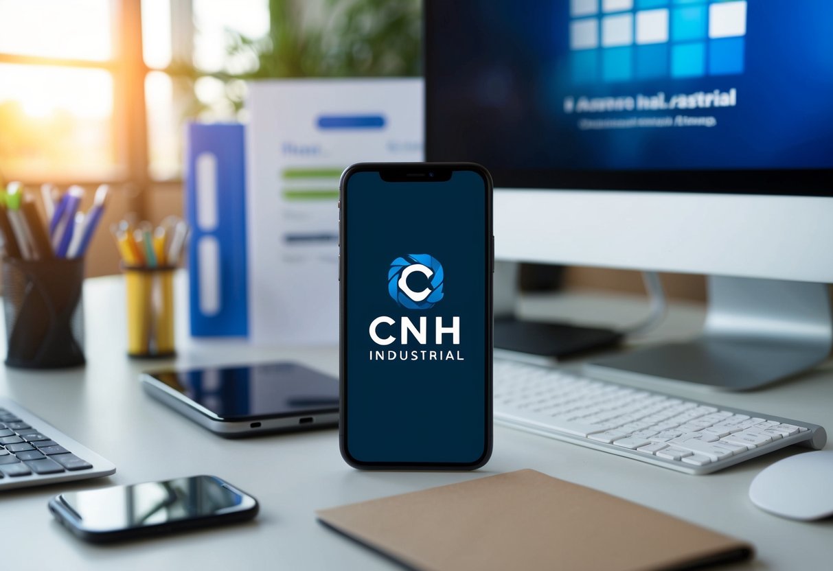 A phone with the CNH Industrial logo displayed on the screen, surrounded by office supplies and a computer
