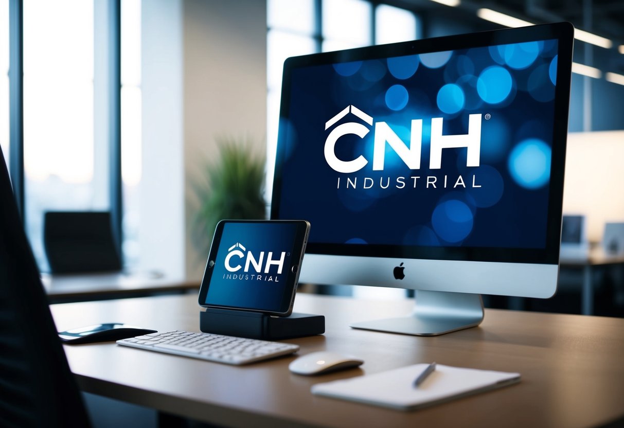 A sleek office desk with a modern phone and computer, displaying the CNH Industrial logo