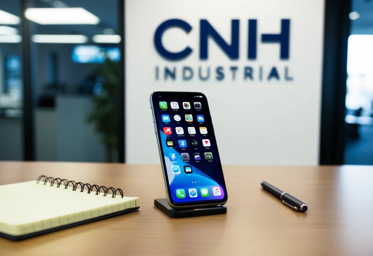 A sleek modern phone sitting on a desk, with a notepad and pen nearby. A logo of CNH Industrial is visible in the background