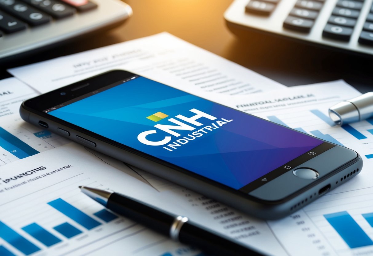 A sleek, modern phone with the CNH Industrial logo displayed on the screen, surrounded by financial documents and charts