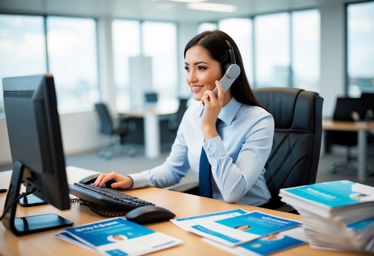 A customer service representative answering calls at a desk with a computer and phone, surrounded by informational pamphlets and brochures
