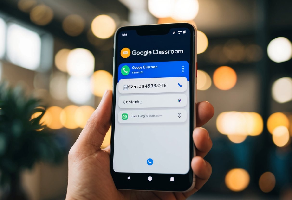 Google Classroom Contact Phone Number A smartphone with the Google Classroom app open, displaying the contact phone number