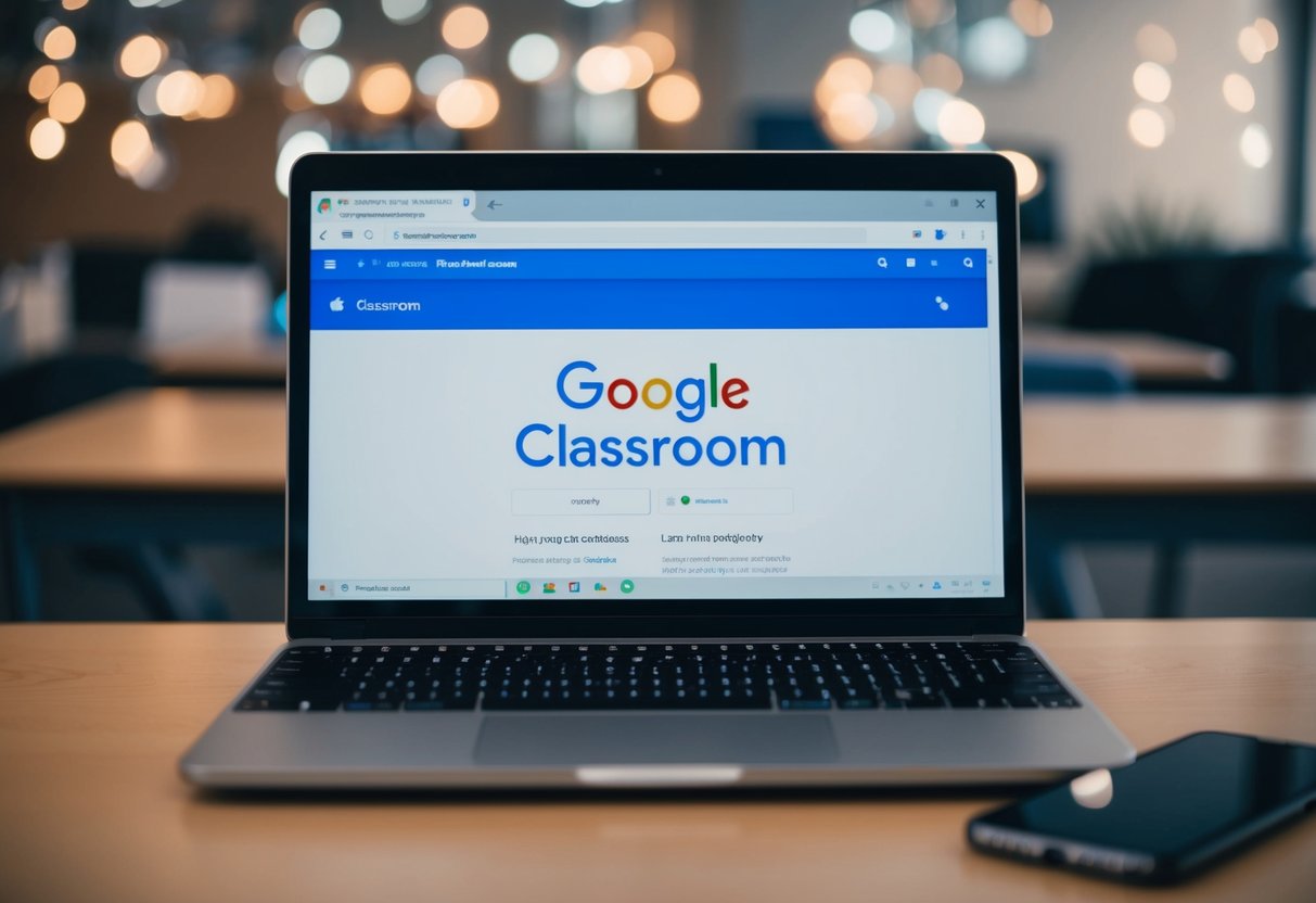 Google Classroom Contact Phone Number A laptop open to the Google Classroom homepage with a phone nearby
