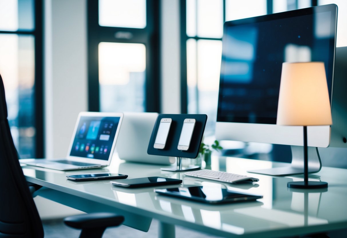 A sleek, modern office desk with a phone, computer, and innovative product prototypes displayed