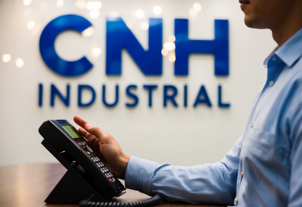 A person dialing a phone with the CNH Industrial logo in the background