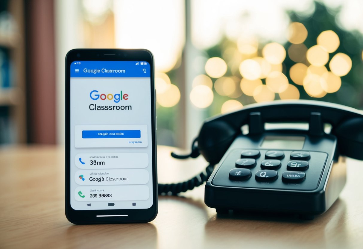 Google Classroom Contact Phone Number A smartphone with the Google Classroom app open, next to a landline phone with the Google Classroom contact number visible
