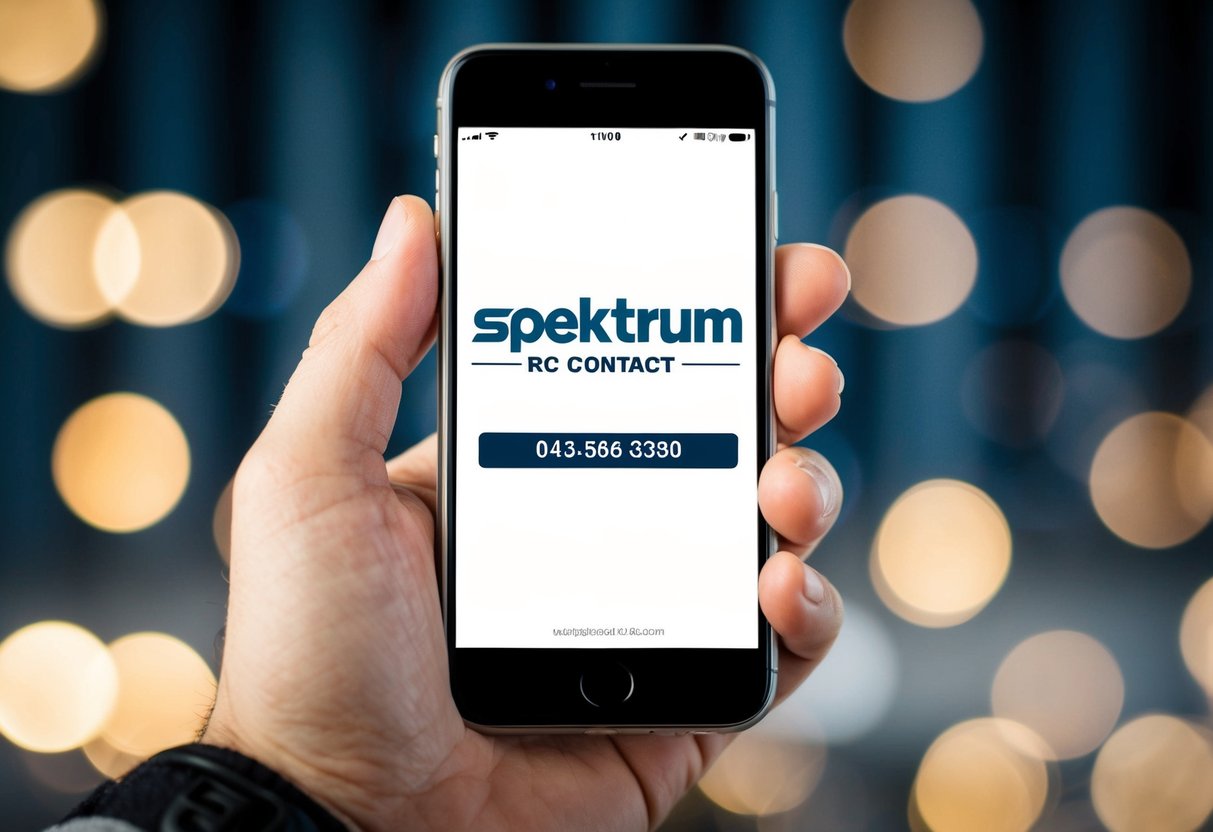 A hand holding a cellphone with the screen displaying the Spektrum RC contact phone number