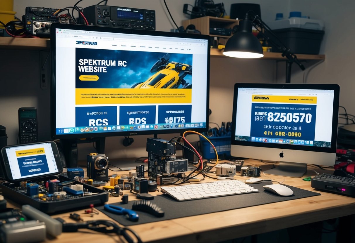A cluttered workbench with various electronic components and tools, a computer screen displaying the Spektrum RC website, and a phone with the Spektrum RC contact number displayed