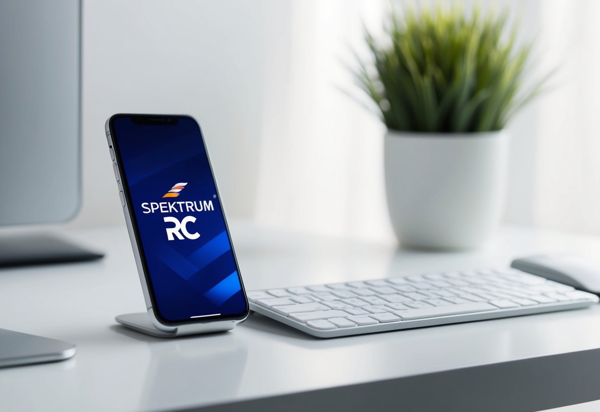 A sleek, modern phone sits on a clean, minimalist desk, with a logo of Spektrum RC visible on the screen