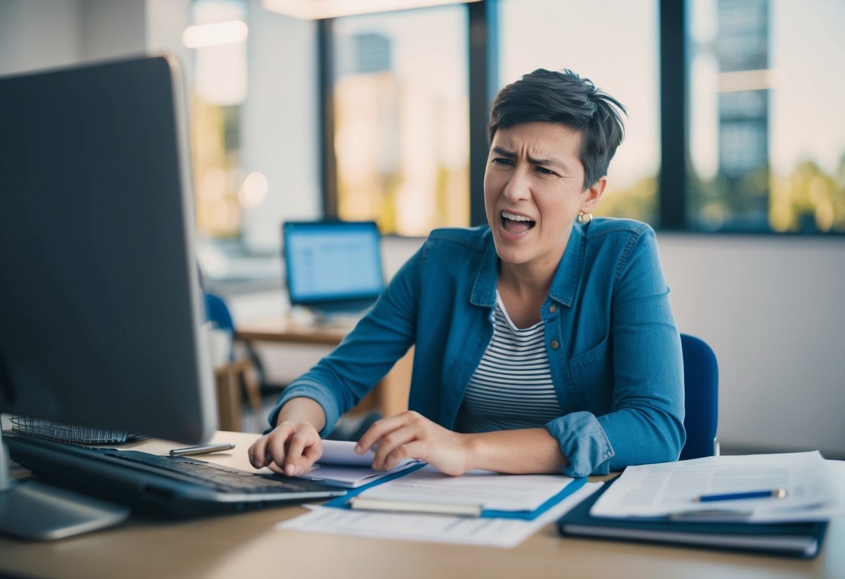 Google Classroom Contact Phone Number A person sitting at a desk, surrounded by technology and paperwork, with a frustrated expression while attempting to troubleshoot Google Classroom issues