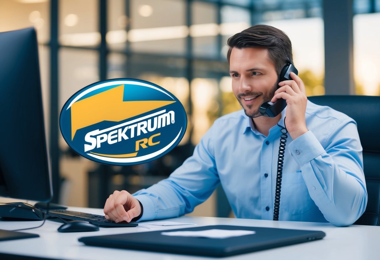 A customer service representative answering a phone call at a desk with a Spektrum RC logo prominently displayed
