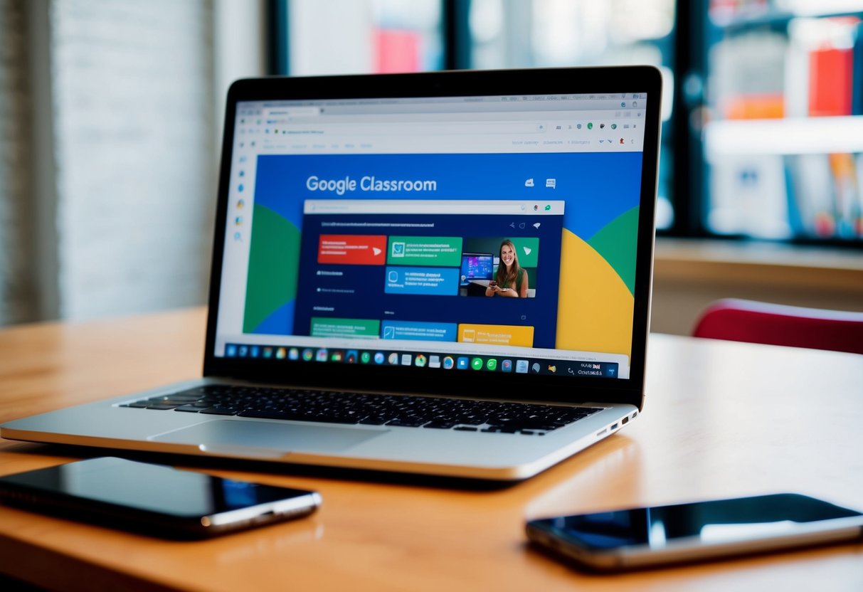 Google Classroom Contact Phone Number A laptop open to a Google Classroom homepage with a phone nearby