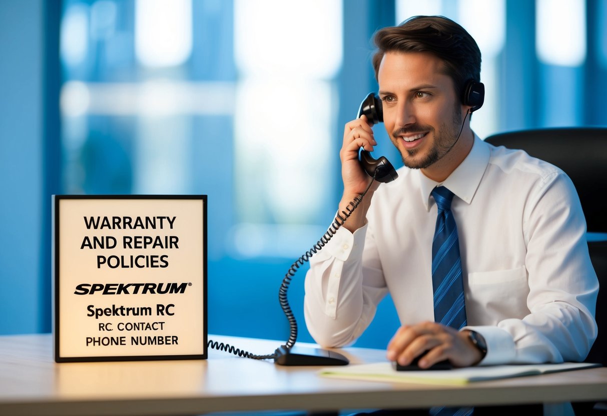 A customer service representative answering phone calls at a desk with a sign displaying "Warranty and Repair Policies Spektrum RC Contact Phone Number."