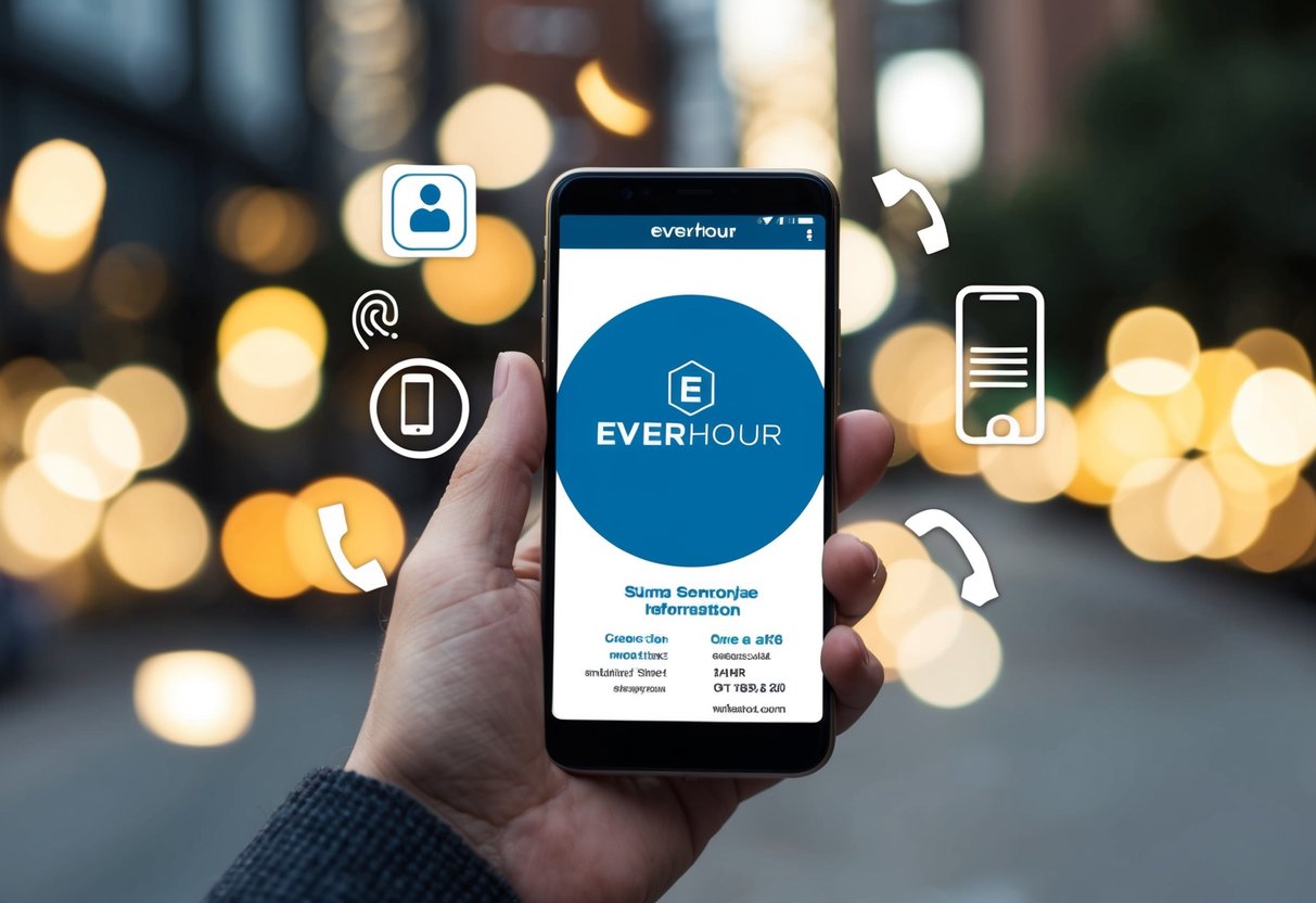 Everhour Contact Phone Number A smartphone with the Everhour logo on the screen, surrounded by a stylized phone icon and contact information