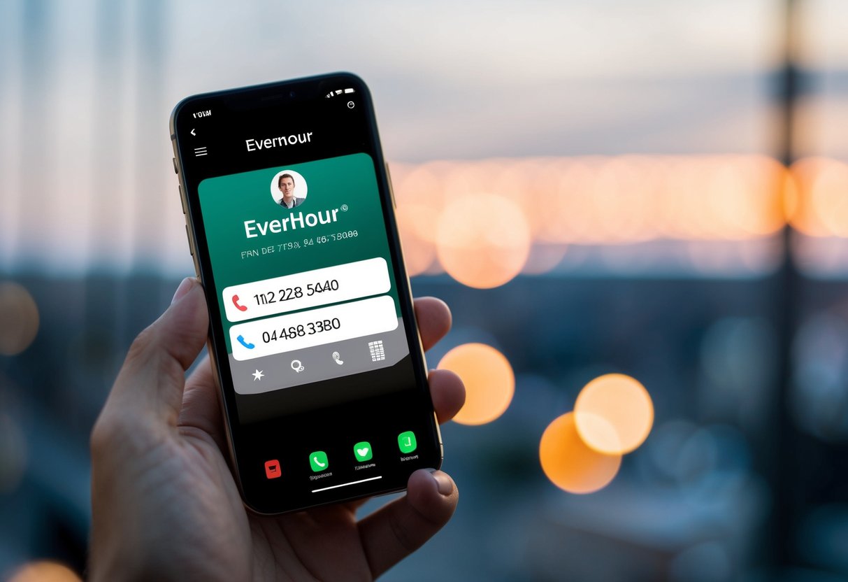 Everhour Contact Phone Number A smartphone with the Everhour app open, displaying the contact phone number