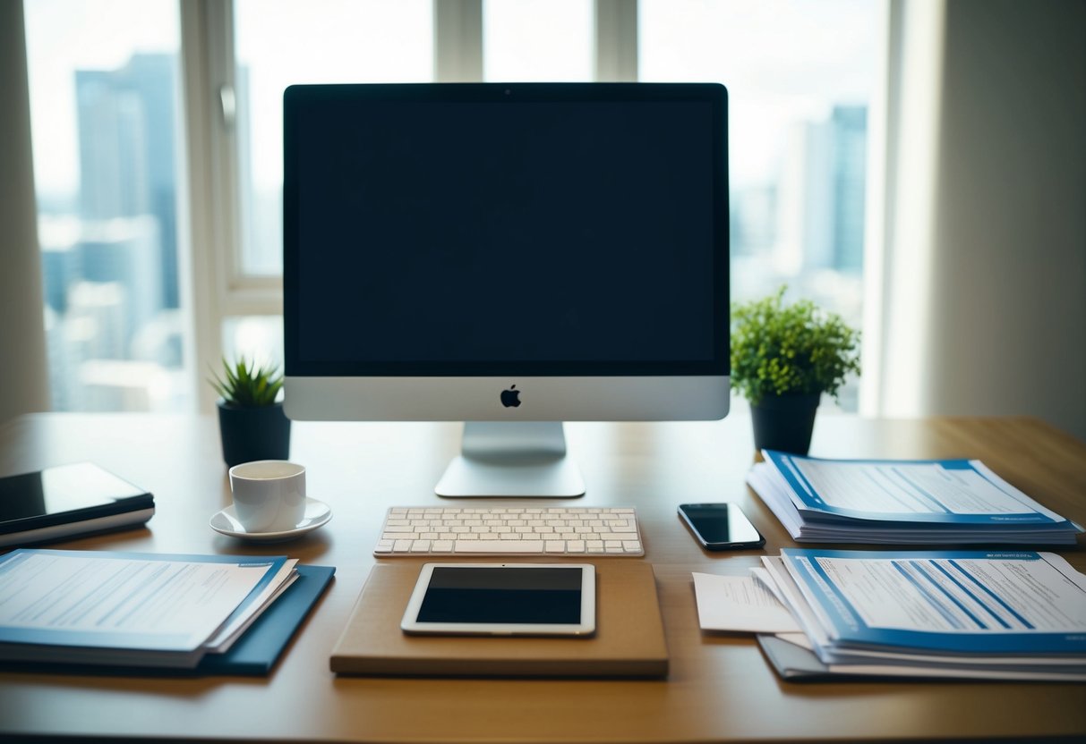 A desk with a computer, tablet, and phone, surrounded by product manuals and registration forms