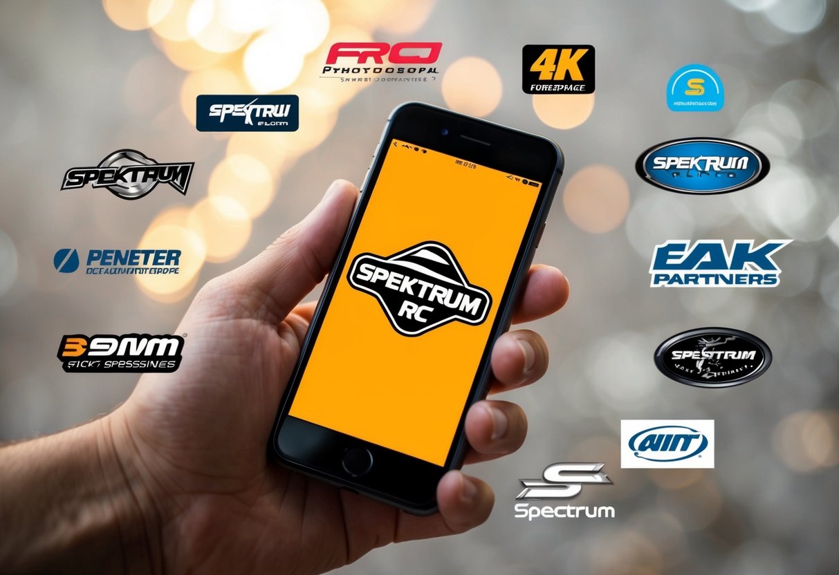A hand holding a smartphone with the Spektrum RC logo displayed on the screen, surrounded by various partner logos