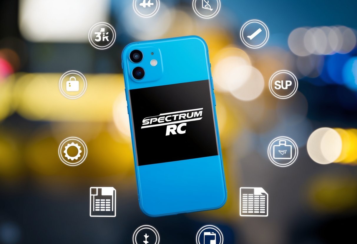 A brightly colored phone with a visible Spektrum RC logo, surrounded by various support symbols and icons