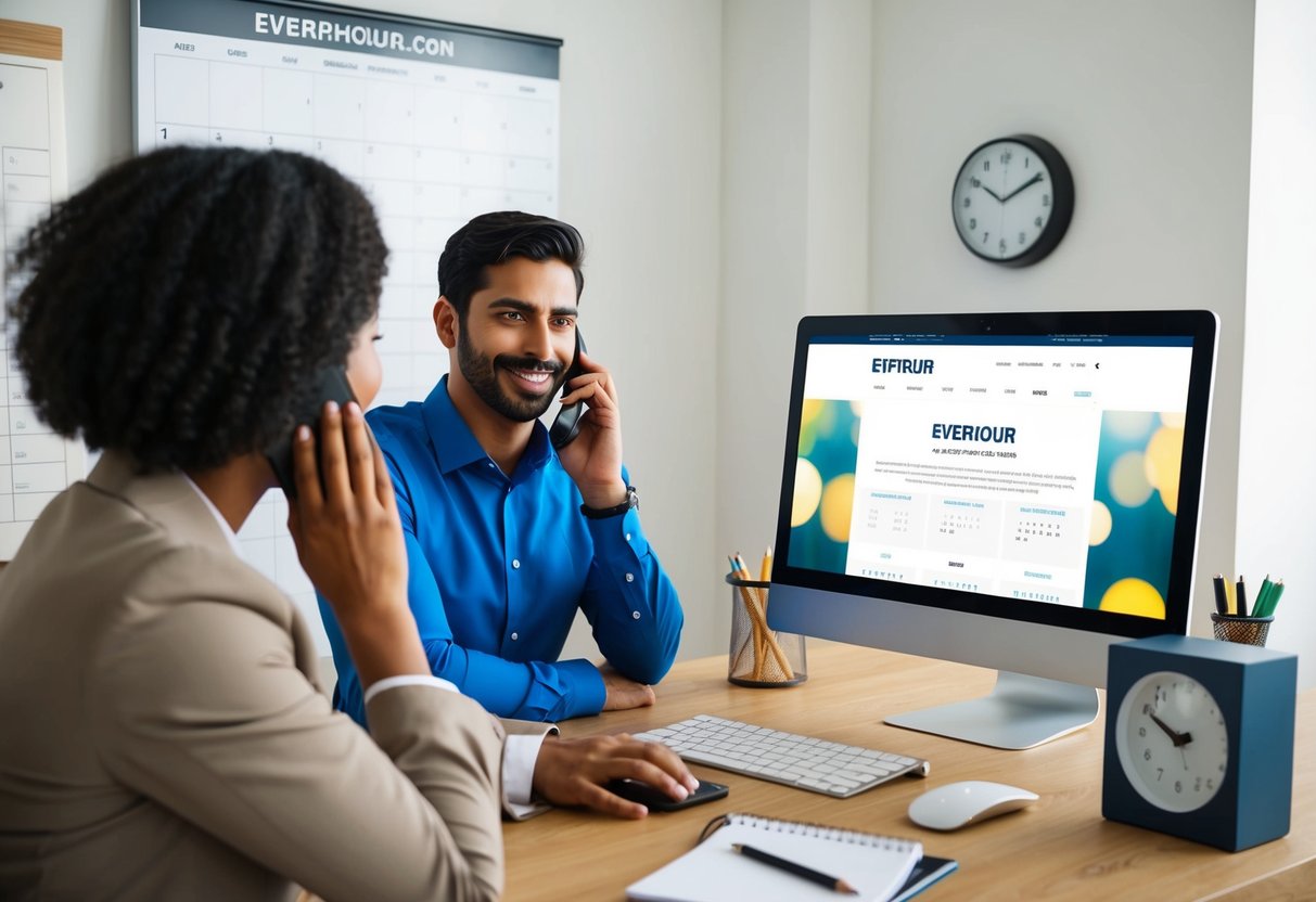 Everhour Contact Phone Number A person on the phone with a client, surrounded by a calendar, clock, and computer displaying the Everhour website